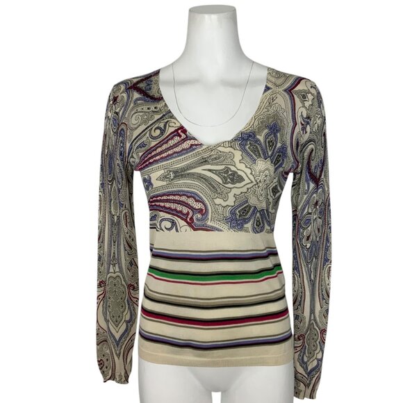 Etro Silk Sweater Italy 44 US 8 Paisley Striped V-Neck Long Sleeve Knit DEFECT - Picture 1 of 12